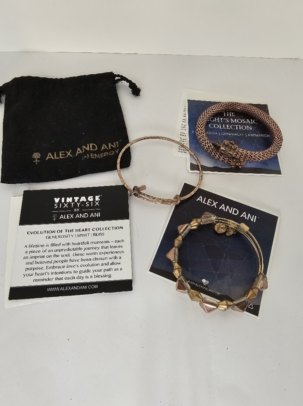 Auth Alex and Ani Rose Gold Tone Set Of 3 Bangle Bracelets Vintage Collection